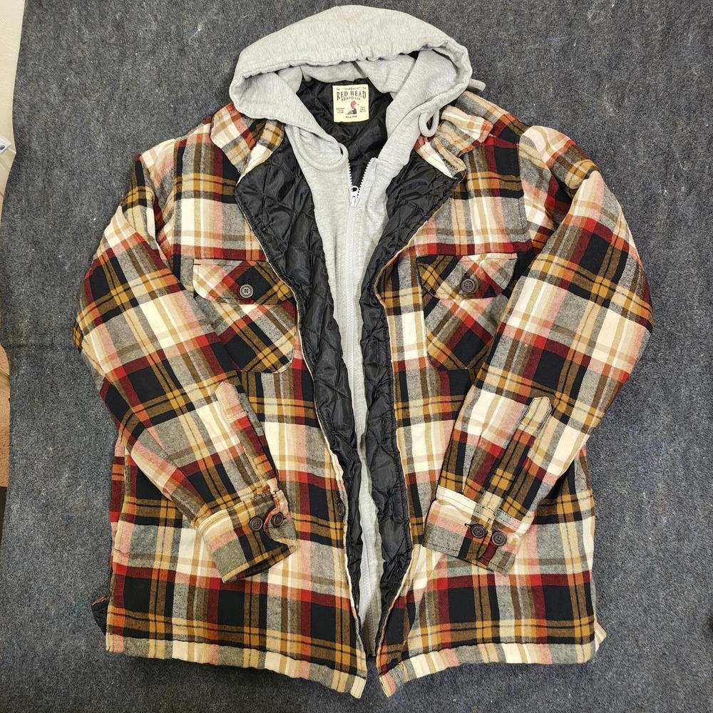 RedHead Hooded Plaid Flannel Shirt Jacket Quilted Lined Men's L 24x27 Gorpcore
